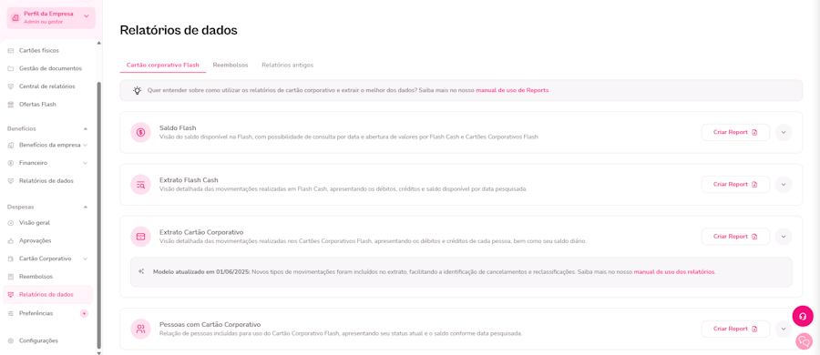 imagem da plataforma da tela de relatórios de dados