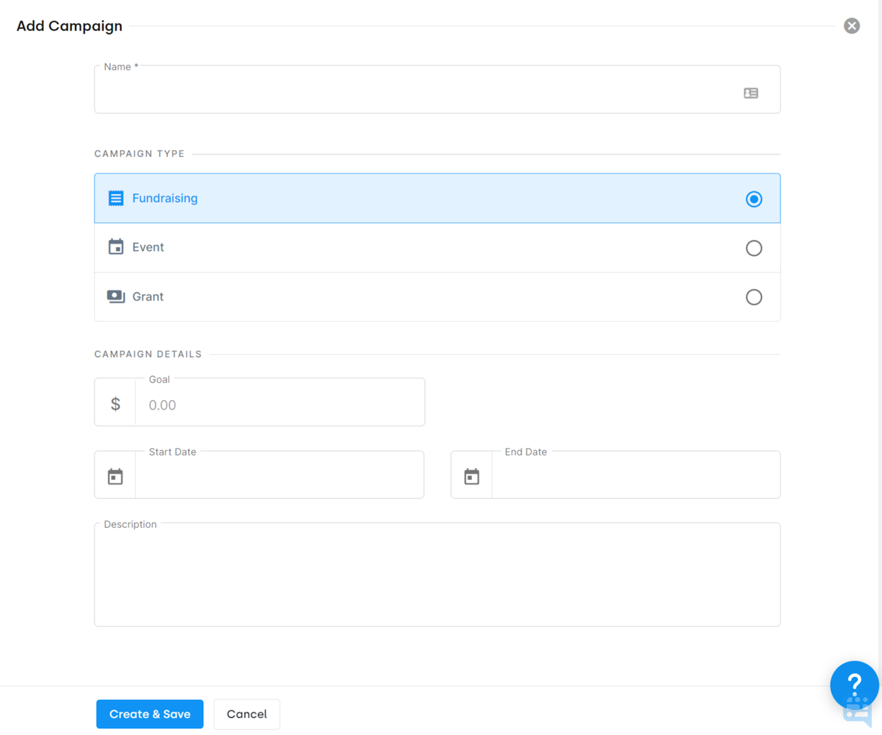 ADD CAMPAIGN SLIDEOUT SHOWING CAMPAIGN OPTIONS - click to enlarge ADD CAMPAIGN SLIDEOUT SHOWING CAMPAIGN OPTIONS