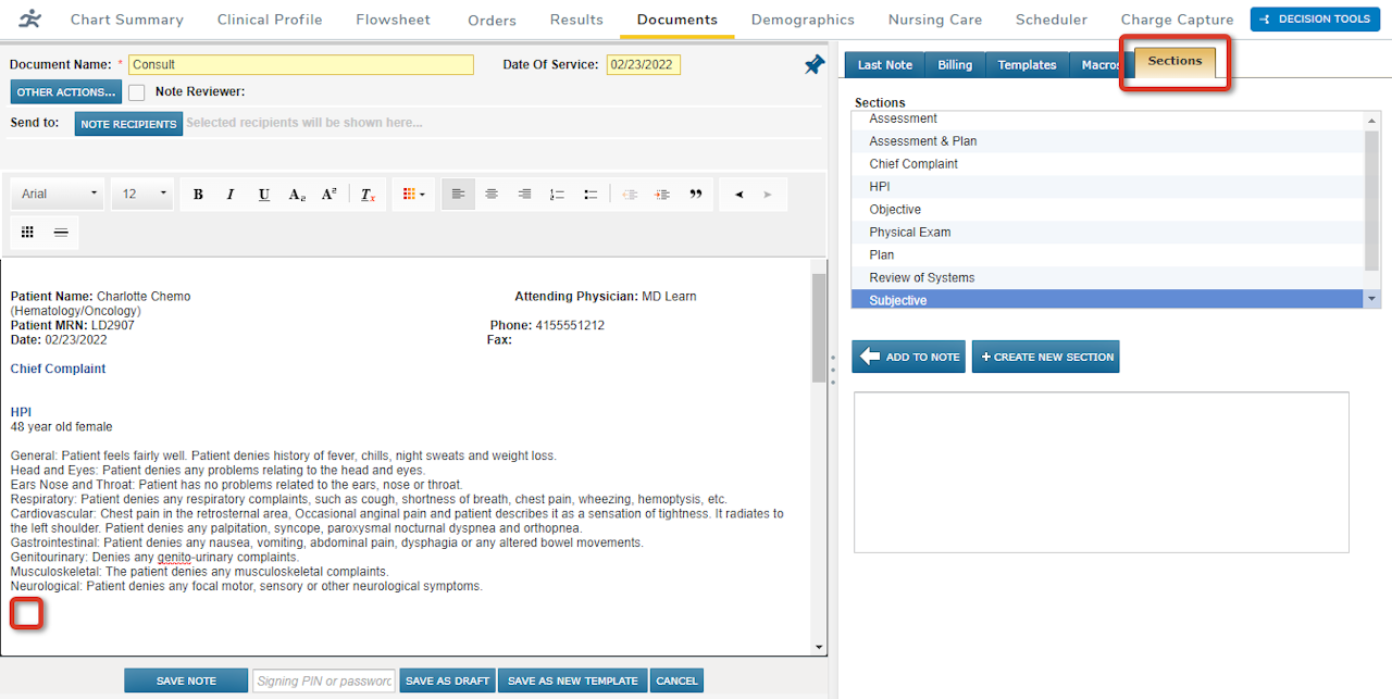 The Note editor with the Sections sub-tab selected. That sub-tab and a spot in the note where the new Section is to be added are highlighted. - click to enlarge The Note editor with the Sections sub-tab selected. That sub-tab and a spot in the note where the new Section is to be added are highlighted.