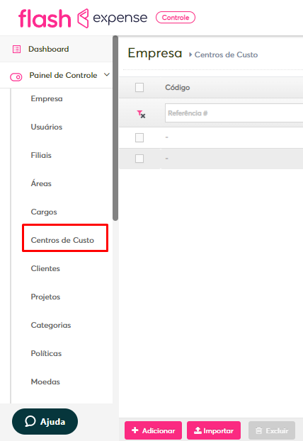 Imagem do painel lateral com foco no menu centros de custo.