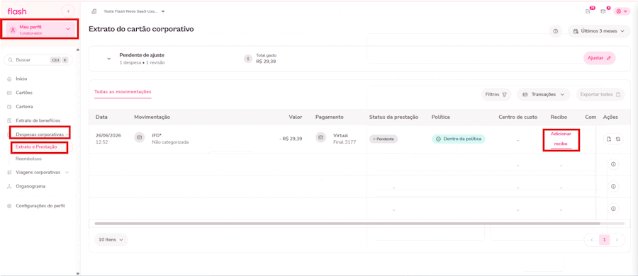 Gif mostra como prestar contas de despesas corporativa pela plataforma Flash.
