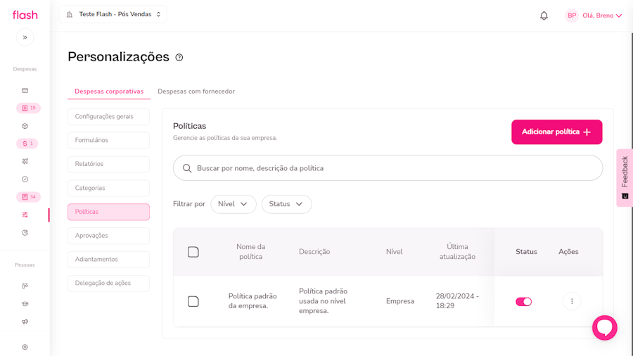 Campo de políticas em personalizações