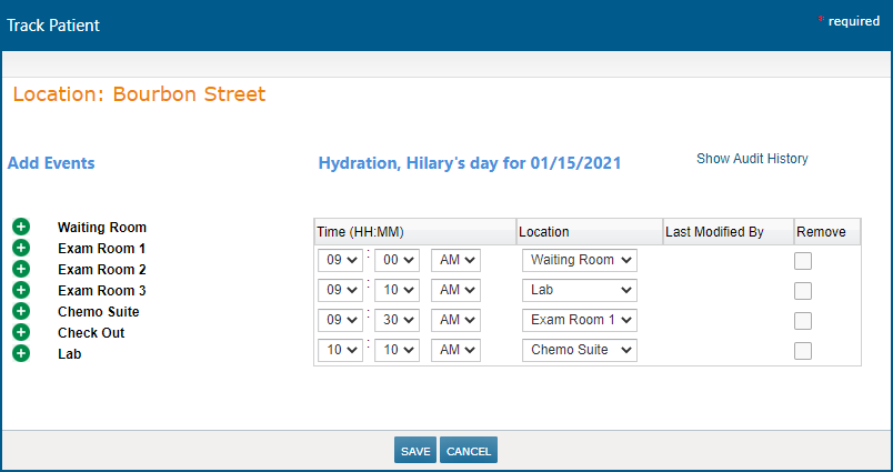 The Track Patient window with several Events entered - click to enlarge The Track Patient window with several Events entered