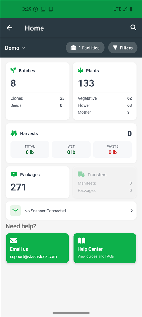 CannaScanner Mobile Home dashboard with Batches, Plants, Harvests, Packages, and Transfers cards - click to enlarge CannaScanner Mobile Home dashboard with Batches, Plants, Harvests, Packages, and Transfers cards