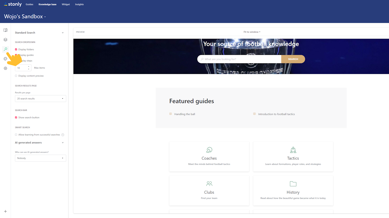 Knowledge base search settings open. - click to enlarge Knowledge base search settings open.