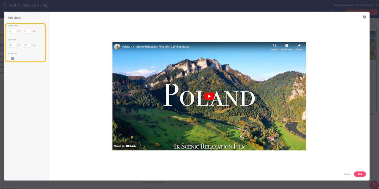 Video editing modal open. - click to enlarge Video editing modal open.