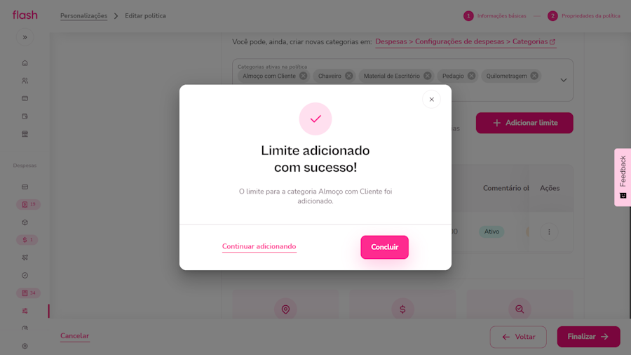 Configurar politica de despesa. Tela de confirmação de limite adicionado