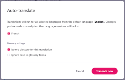 Auto-translate modal with the 'Ignore glossary for this translation' option checked