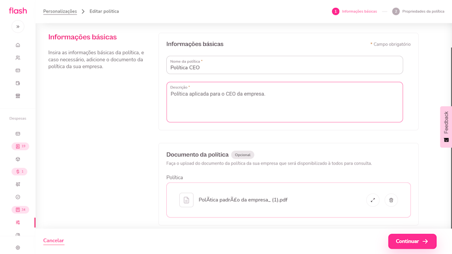 Política de despesas corporativas. Fase de Edição da política 2