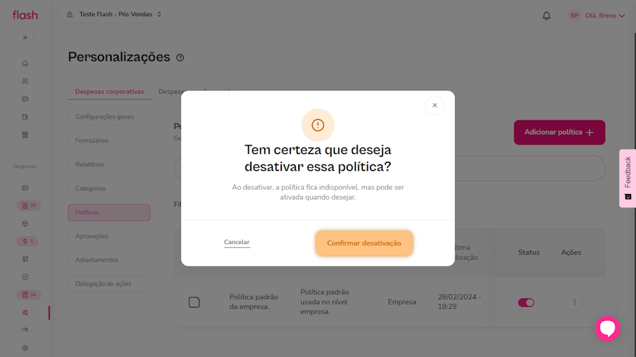 Política de despesas corporativas. Confirmação da politica que será inativada