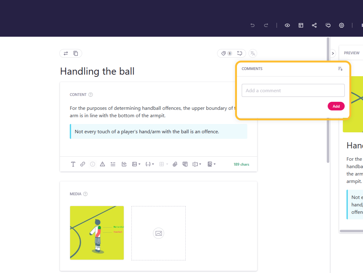 Comments section open inside the guide editor. - click to enlarge Comments section open inside the guide editor.