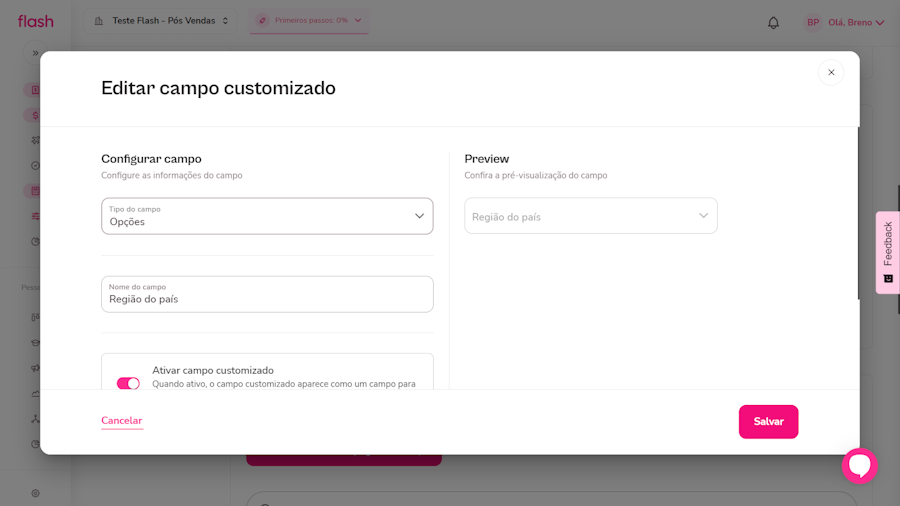 imagem da plataforma de um campo customizavel com dados exemplos preenchidos