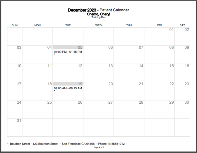 The printed Patient Calendar - click to enlarge The printed Patient Calendar