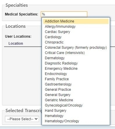 The Medical Specialties field open with values listed - click to enlarge The Medical Specialties field open with values listed