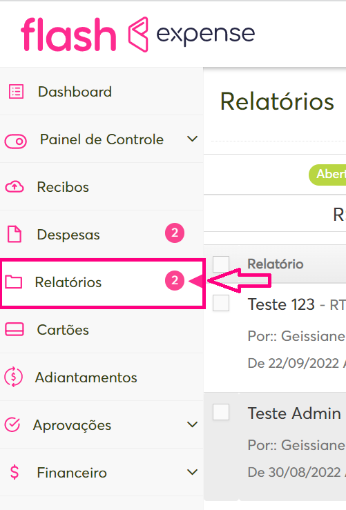 imagem da plataforma com destaque para opção de relatórios