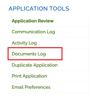 Image showing Application Tools menu with Documents Log highlighted.