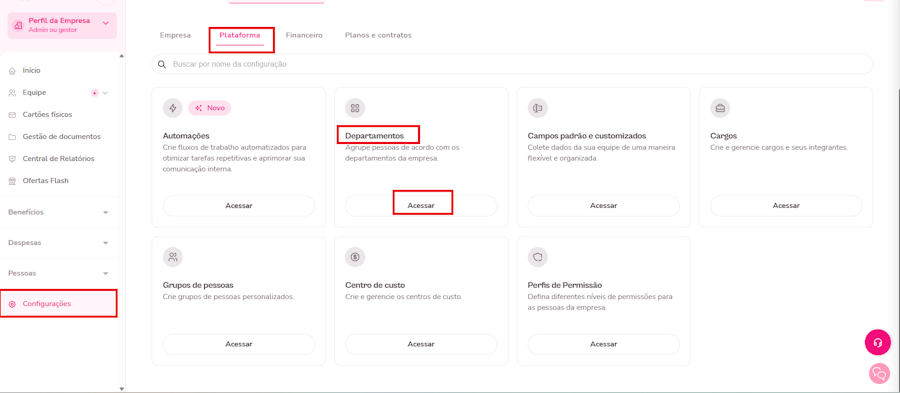 imagem da plataforma com destaque para os botões para acessar a sessão de departamentos