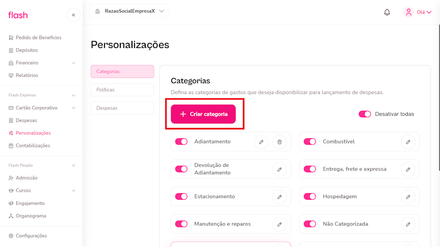 imagem da plataforma com destaque para opção criar categoria