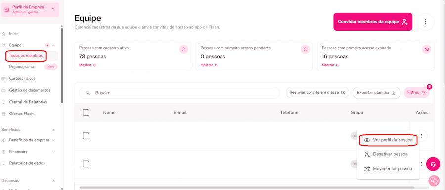 Gif com instruções para ver perfil de colaborador em equipe