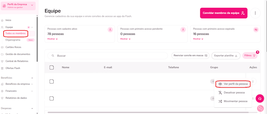 Gif com instruções para ver perfil de colaborador em equipe