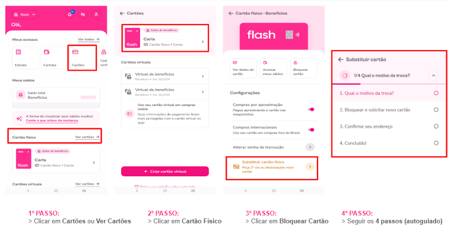 imagem do aplicativo com instruções para bloquear e solicitar novo cartão