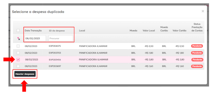 imagem da plataforma com destaque para uma opção de mesclar despesa