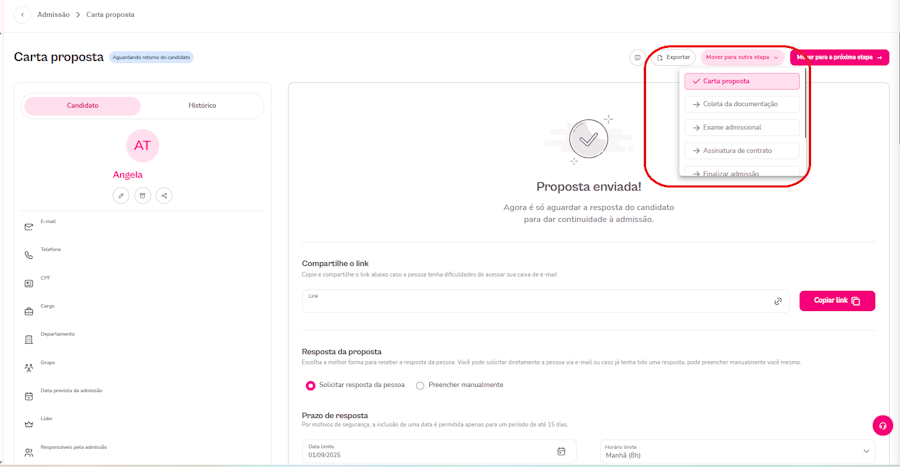 Imagem da plataforma com destaque para opção de mover candidato.