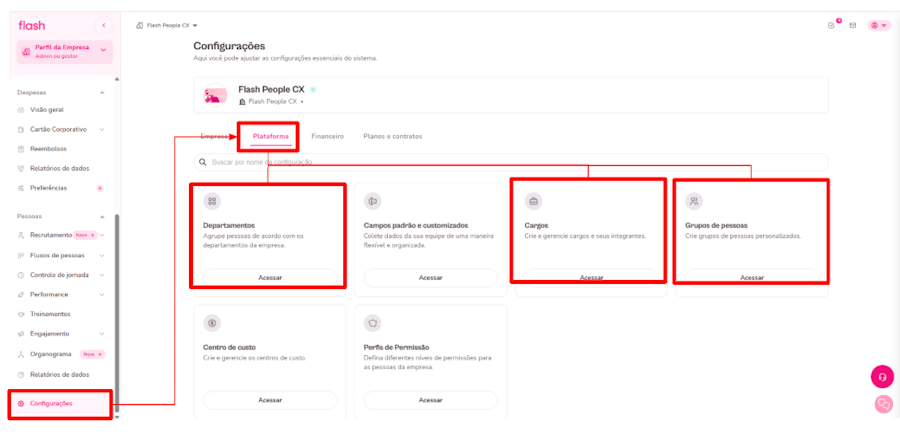 Imagem da tela de configuração de departamentos, grupos e cargos na Plataforma FlashOS
