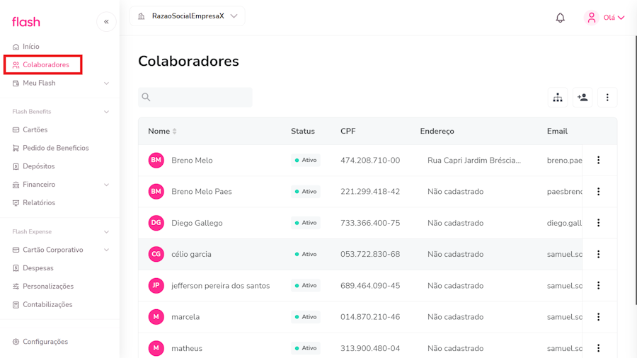imagem da plataforma com destaque ao menu de colaboradores