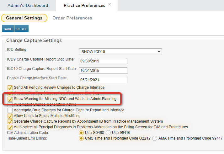 The Practice Preferences Charge Capture Settings section with the Show warning for missing NDC and Waste in Admix Planning practice preference highlighted