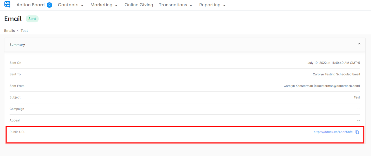 RED OUTLINE OF PUBLIC URL ON EMAIL SUMMARY PAGE IN DONORDOCK - click to enlarge RED OUTLINE OF PUBLIC URL ON EMAIL SUMMARY PAGE IN DONORDOCK