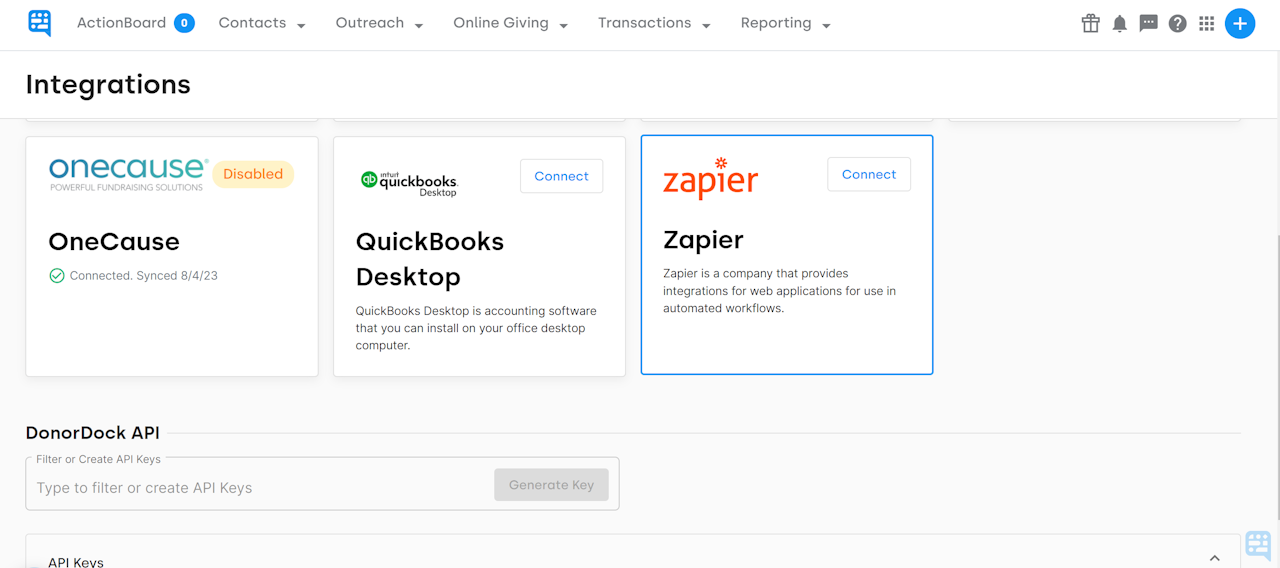 INTEGRATION TILE OPTIONS FOR ONECAUSE, QUICKBOOKS DESKTOP, AND ZAPIER - click to enlarge INTEGRATION TILE OPTIONS FOR ONECAUSE, QUICKBOOKS DESKTOP, AND ZAPIER