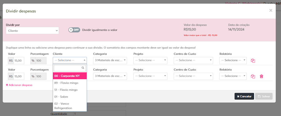 imagem do menu dividir despesas com a opção cliente selecionada