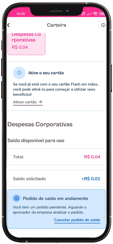 imagem do aplicativo com informações de saldo solicitado em andamento