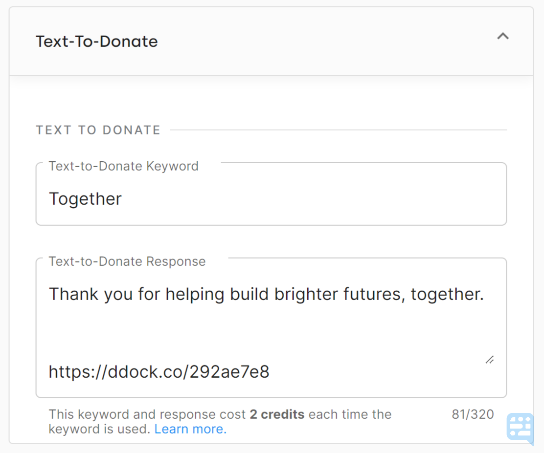 TEXT TO DONATE KEYWORD AND RESPONSE FIELDS ON GIVING PAGE SETUP - click to enlarge TEXT TO DONATE KEYWORD AND RESPONSE FIELDS ON GIVING PAGE SETUP
