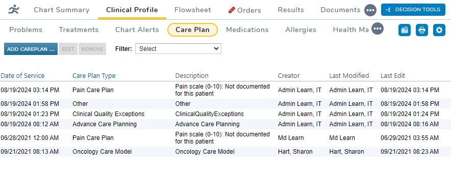 The Care Plans tab - click to enlarge The Care Plans tab