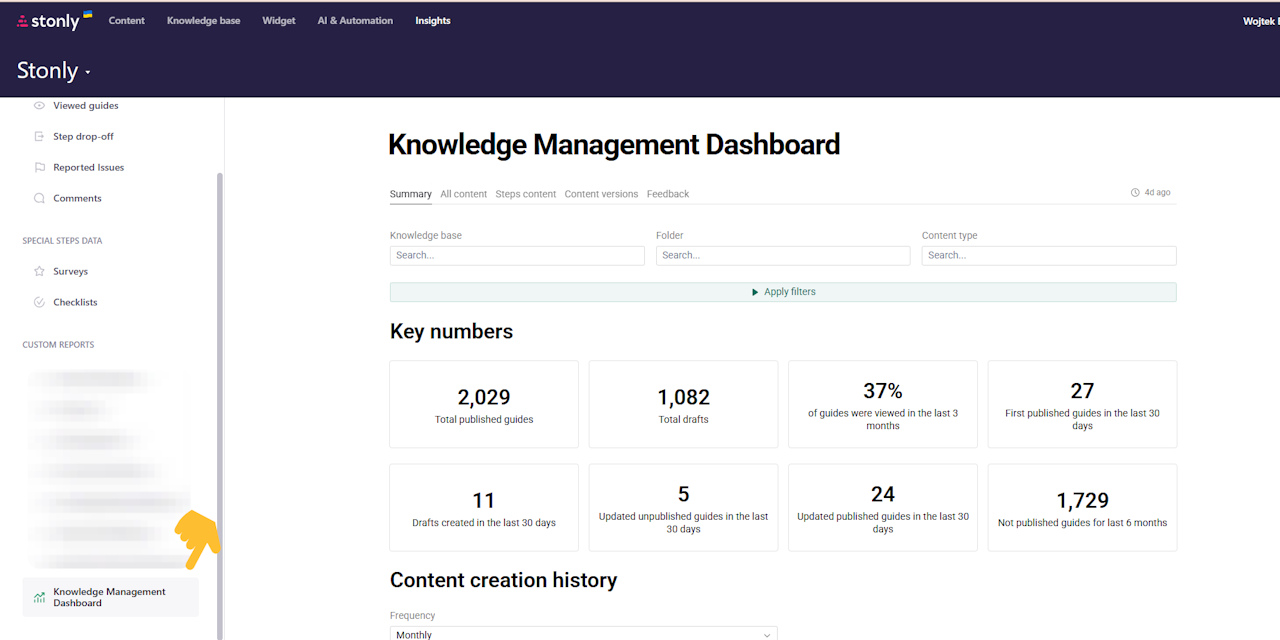 Knowledge Management Dashboard open in the Insights tab. - click to enlarge Knowledge Management Dashboard open in the Insights tab.