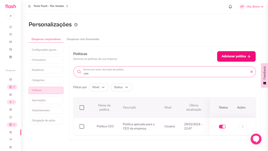 Política de despesas corporativas. Localização da política que será editada