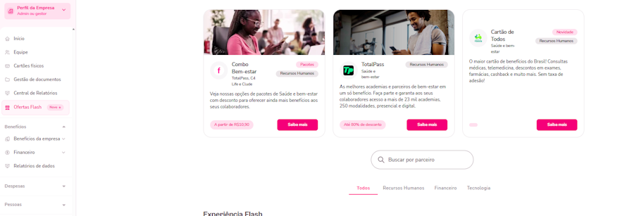 Imagem da plataforma com destaque para o menu lateral ofertas Flash