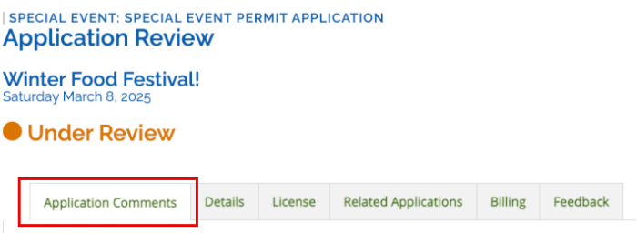 Image of the top of the application, with the row of tabs containing information about the application. Application Comments is highlighted.