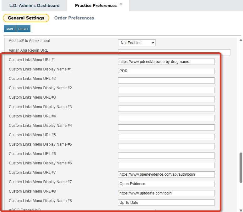 The Practice Preferences Other Features section with the Custom Links fields highlighted - click to enlarge The Practice Preferences Other Features section with the Custom Links fields highlighted