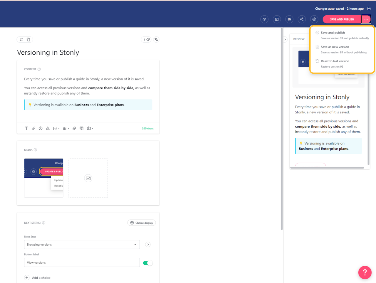 Save and publish dropdown menu open in the guide editor. - click to enlarge Save and publish dropdown menu open in the guide editor.