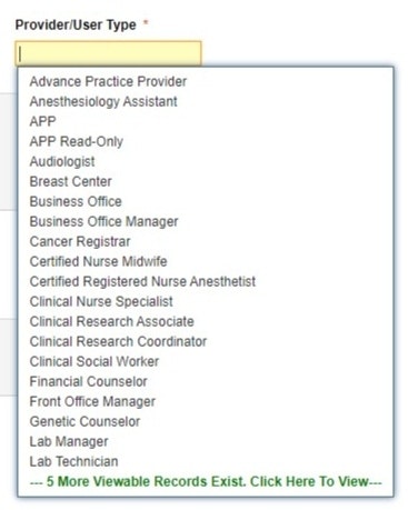 The Provider/User Type field open with values listed - click to enlarge The Provider/User Type field open with values listed