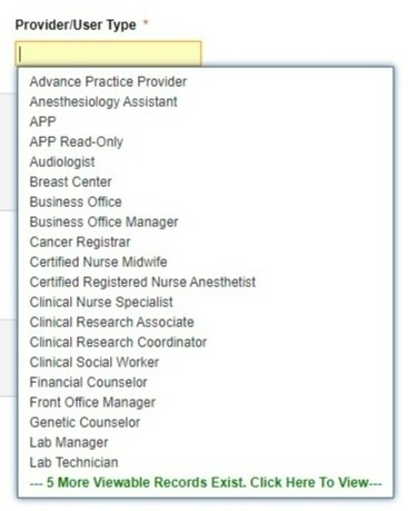 The Provider/User Type field open with values listed - click to enlarge The Provider/User Type field open with values listed