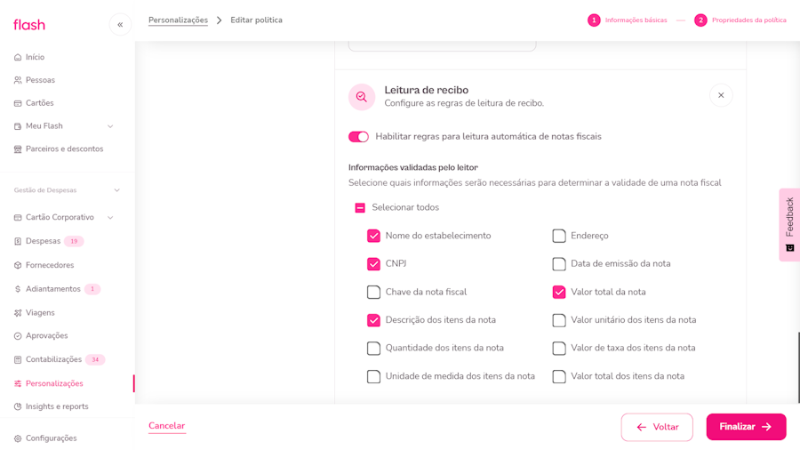 altere as regras de interesse, passando por cada uma das opções de configuração - Categoria, Quilometragem, Adiantamento e Leitura de Comprovante - e clique em “Finalizar”.