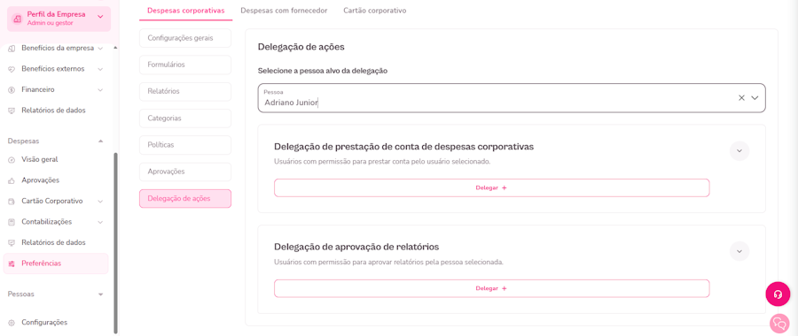 Imagem do menu de delegação de ações com nome exemplo sendo pesquisado.
