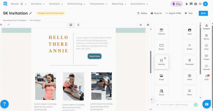 Adding a Heading content to a Template