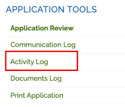 Image showing the list of Application Tools available, highlighting the Activity Log.