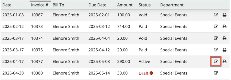 List of invoices on an application with the edit icon highlighted for the active invoice