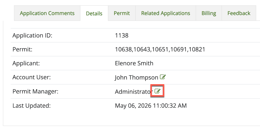Shows the Details tab on the application, with the Edit icon beside the currently assigned Permit Manager highlighted.